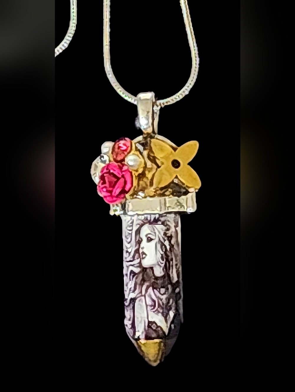 Silver Tone Floral Cylinder Pendant Necklace with Pink Accent